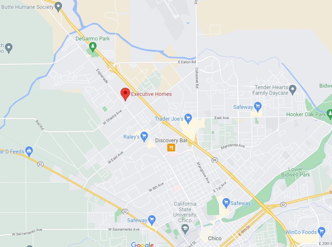 A map showing Executive Homes located off Esplanade